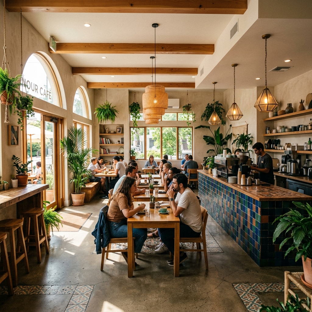 Inside Moral Coffee Shop — warm lighting, wooden furniture, and specialty drinks