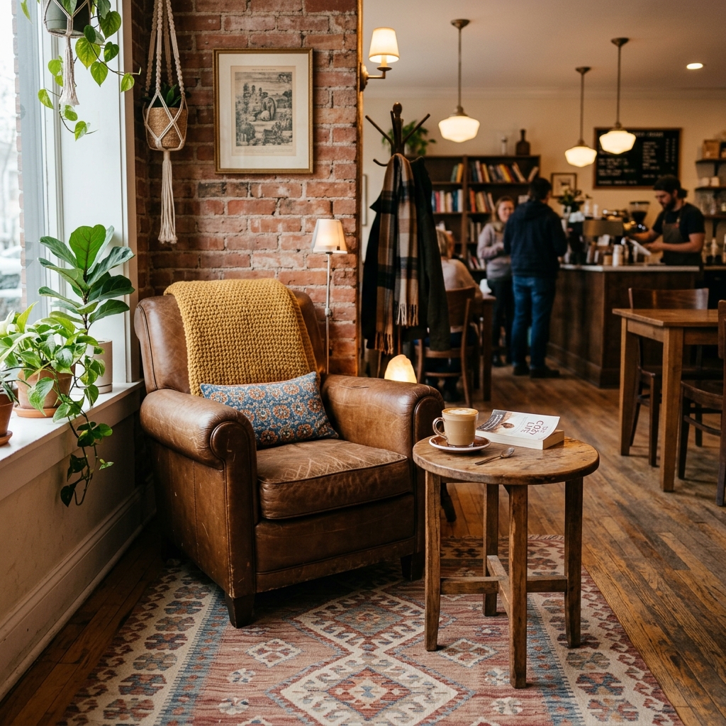 Cozy reading corner with armchairs and warm lighting